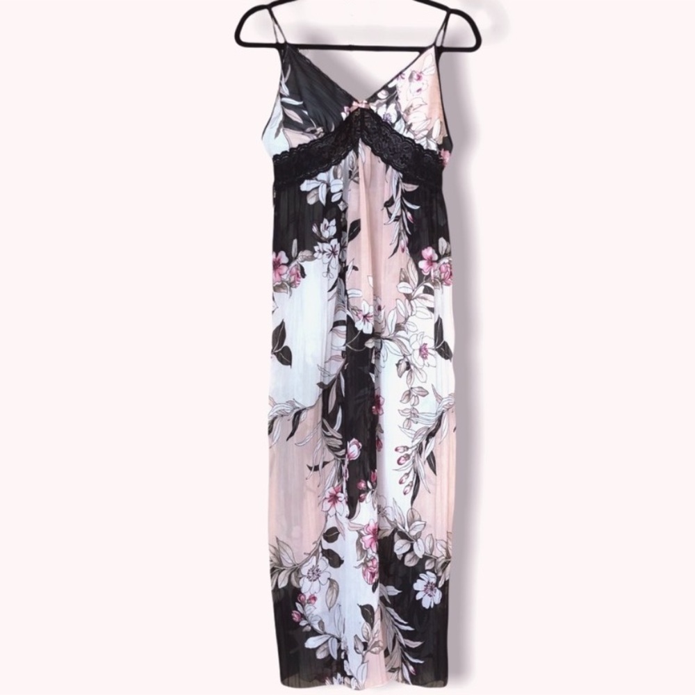 Linea Donatella Chemise Long Nightgown Sheer Floral Black Lace Size Medium